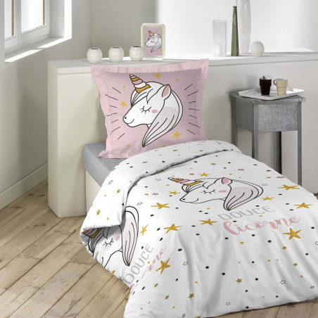 Parure de lit 2 pièces en coton avec imprimé licorne Lilirose - Rose et Blanc - 140 x 200 cm