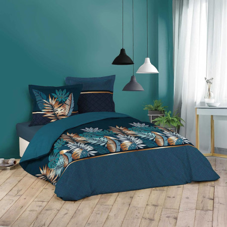 Parure de lit 3 pièces en coton avec motif feuilles Alianor - Bleu et Doré - 240 x 220 cm