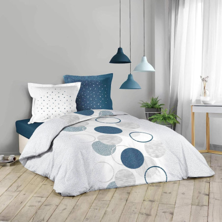 Parure de lit 3 pièces avec motif cercles Voie Lactee - Bleu et Blanc - 240 x 220 cm