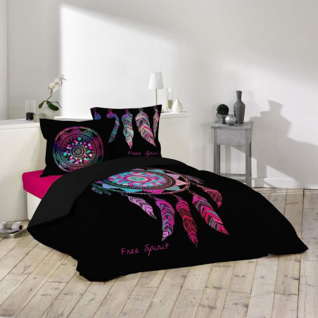 Parure de lit 3 pièces en coton avec imprimé attrape-rêves Porte Bonheur - Noir et Rose- 260 x 240 cm