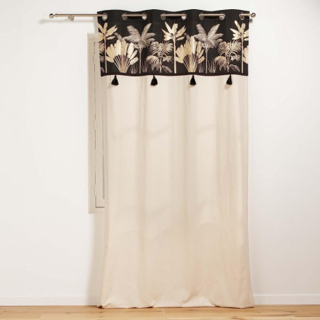 Rideau à oeillets en coton avec imprimé palmiers et pompons Karaba - Beige et Noir - 140 x 240 cm