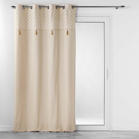 Rideau à oeillets en coton avec imprimé éventails + pompons Rafina - Beige et Doré - 140 x 240 cm