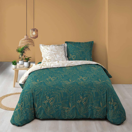 Parure de lit en 3 pièces en coton avec imprimé feuillage Belflor réversible - Vert Emeraude - 240 x 220 cm