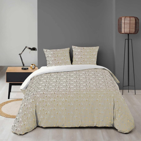 Parure de lit 3 pièces en microfibre avec imprimé doré Géor - Blanc et Doré - 240 x 220 cm