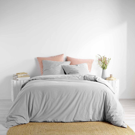 Parure de lit en coton lavé uni 3 pièces Linette - Gris - 240 x 220 cm
