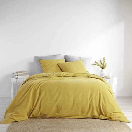 Parure de lit en coton lavé uni 3 pièces Linette - Jaune - 240 x 220 cm