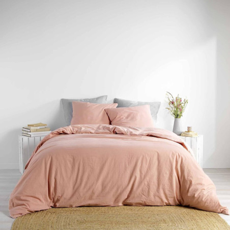 Parure de lit en coton lavé uni 3 pièces Linette - Rose - 240 x 220 cm