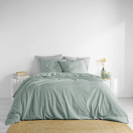 Parure de lit en coton lavé uni 3 pièces Linette - Vert clair- 260 x 240 cm