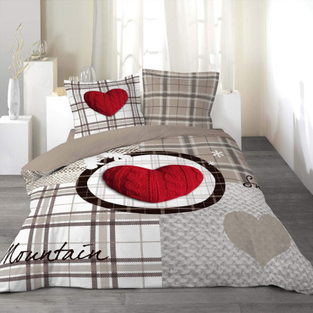 Parure de lit 3 pièces en coton avec imprimé tartan et coeur Love Mountain - Beige et Rouge - 240 x 220 cm
