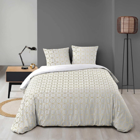 Parure de lit 3 pièces en microfibre avec imprimé rosaces Orline - Blanc et Doré - 240 x 220 cm