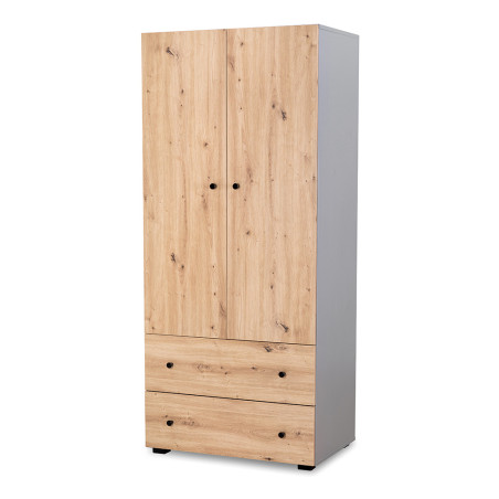 Armoire dressing à 2 portes + 2 tiroirs en bois Pauline oak - Gris/beige - H 183 x l 80 x P 55 cm