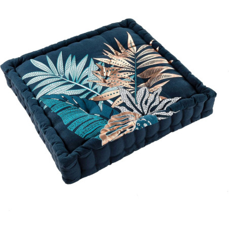 Coussin de sol carré 100% coton avec imprimé végétal - Bleu - 45 x 45 cm