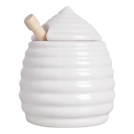 Pot de miel en céramique et sa cuillère en bois - Blanc - D 10,9 x H 12,6 cm