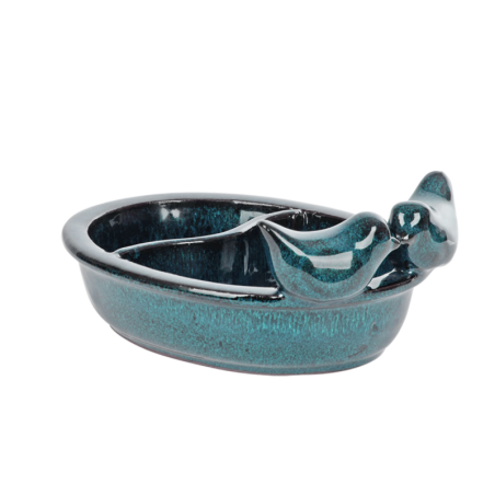 Bain d'oiseaux et mangeoire en terre cuite - Bleu - L 21 x l 8,6 x H 15,5 cm