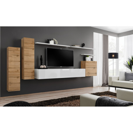 Ensemble de 7 meubles muraux "Switch" pour TV en bois - Bleige et Blanc - L 330 x H 160 x P 40 cm