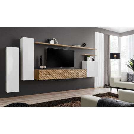 Ensemble de 7 meubles muraux "Switch" pour TV en bois - Blanc et Bleige - L 330 x H 160 x P 40 cm