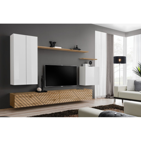Ensemble de 7 meubles muraux "Switch II " pour TV en bois - Blanc et Beige - L 270 x H 160 x P 40 cm