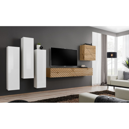 Ensemble de 5 meubles muraux "Switch III " pour TV en bois - Blanc et Beige - L 330 x H 160 x P 40 cm
