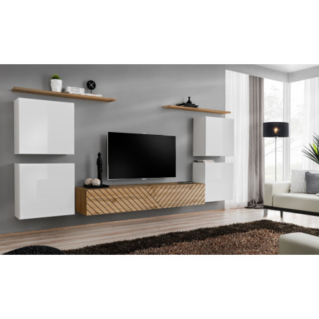 Ensemble de 7 meubles muraux "Switch IV " pour TV en bois - Blanc et Beige - L 320 x H 160 x P 40 cm
