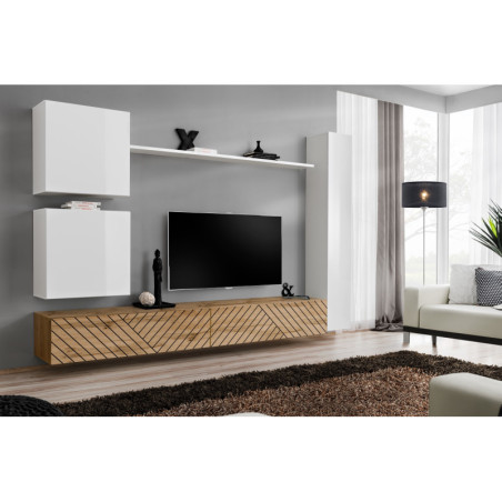 Ensemble de 6 meubles muraux "Switch VIII " pour TV en bois - Blanc et Beige - L 340 x H 150 x P 40 cm