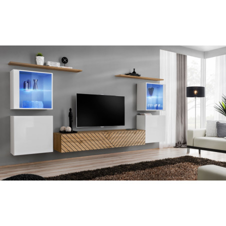 Ensemble de 7 meubles muraux "Switch XIV" pour TV en bois - Beige et Blanc - L 320 x H 160 x P 40 cm