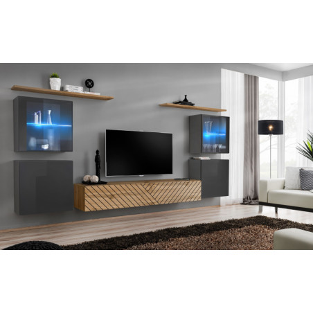 Ensemble de 7 meubles muraux "Switch XIV" pour TV en bois - Beige et Gris - L 320 x H 160 x P 40 cm