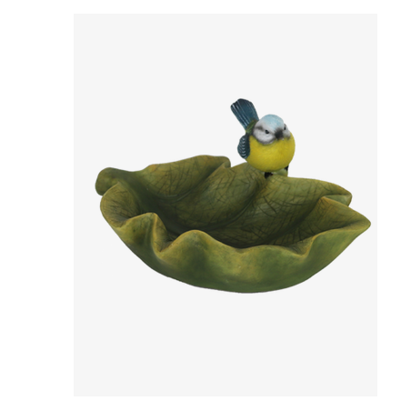 Bain d'oiseau en forme de feuille à poser avec oiseau en polyrésine - L 24 x P 18 x H 10,9 cm - Modèle aléatoire