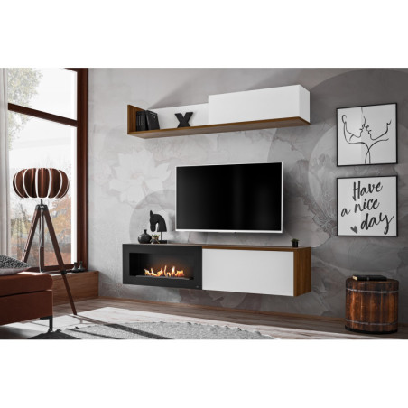 Ensemble de 2 meubles muraux "Dallas" avec cheminée bioéthanol - Blanc/Beige - L 180 x H 180 x P 40 cm