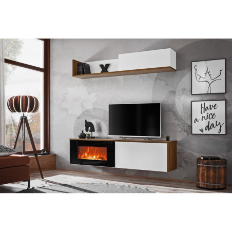 Ensemble de 2 meubles muraux "Dallas" avec cheminée électrique - Blanc/Beige - L 180 x H 180 x P 40 cm