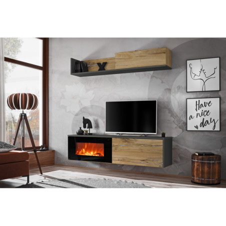 Ensemble de 2 meubles muraux "Dallas" avec cheminée électrique - Gris/Beige - L 180 x H 180 x P 40 cm