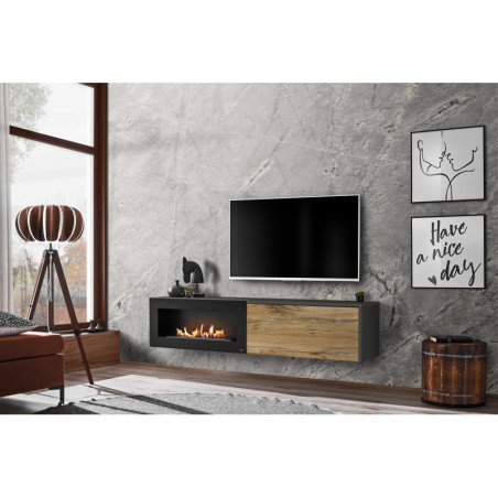Meuble TV "Dallas B" avec cheminée en bioéthanol - Gris/Beige - L 180 x H 40 x P 40 cm