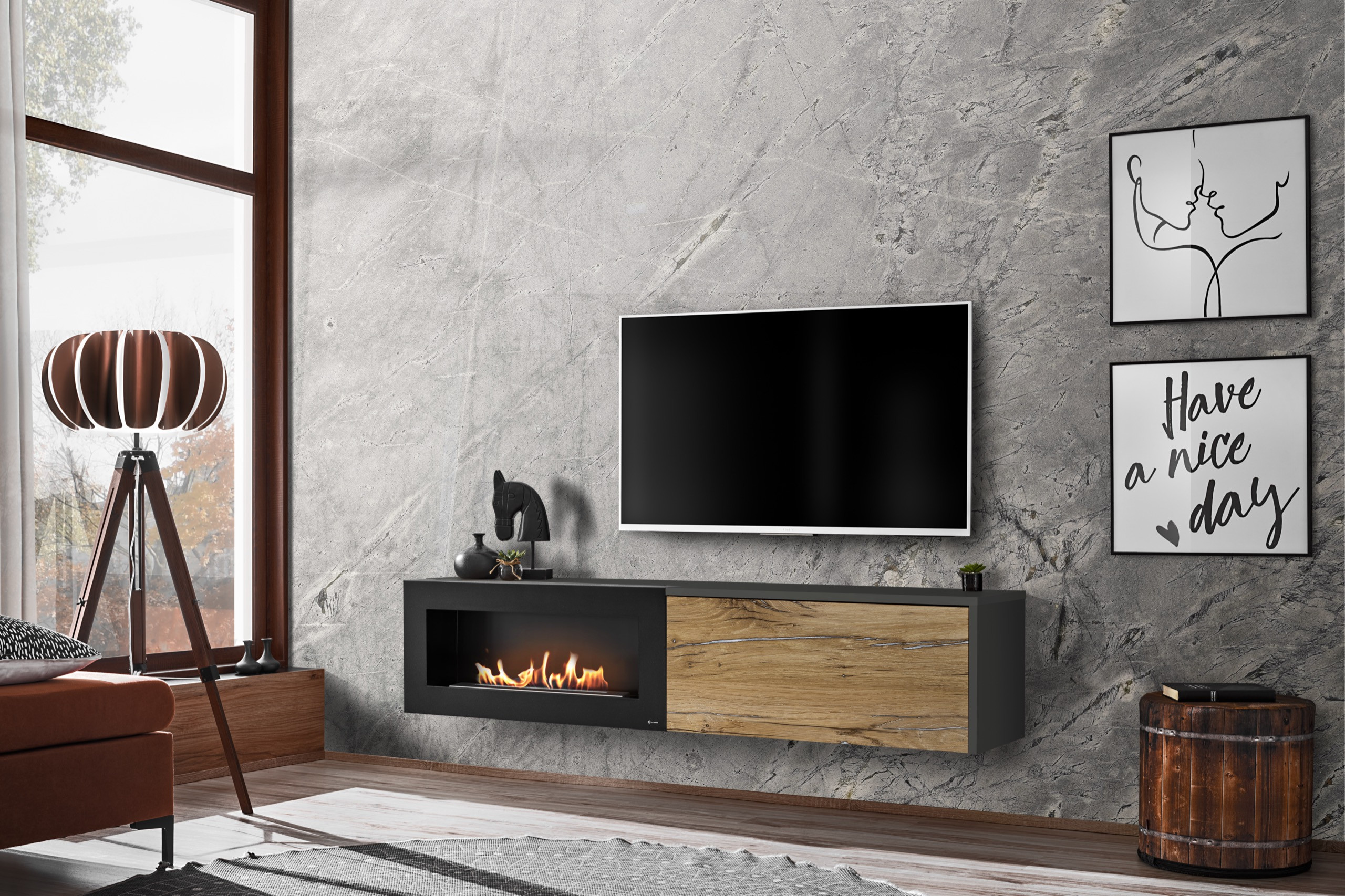 Meuble TV Dallas B avec cheminée en bioéthanol - Gris/Beige - L