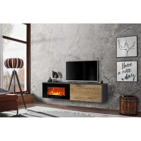 Ensemble de 2 meubles muraux "Dallas" + cheminée électrique - Gris/Beige - L 180 x H 180 x P 40 cm