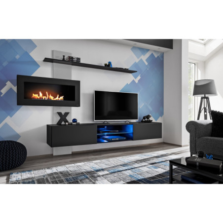 Ensemble de 3 meubles muraux "Flame" avec une cheminée bio - Noir - L 250 x H 170 x P 40 cm