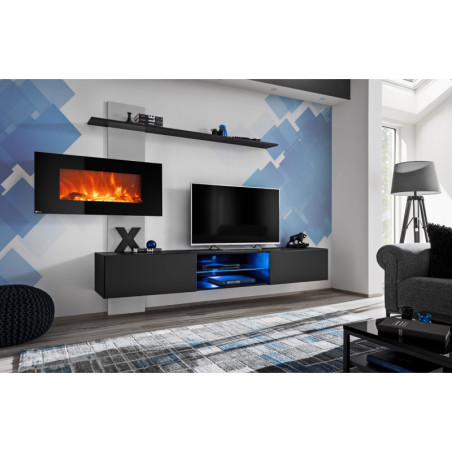 Ensemble de 3 meubles muraux "Flame" avec une cheminée électrique - Noir - L 250 x H 170 x P 40 cm