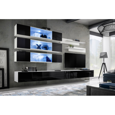 Ensemble de 6 meubles muraux "FLY" - Noir/Blanc - L 320 x H 180 x P 40 cm.