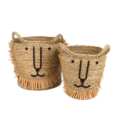 Set de deux paniers tête de lion "Simba" en jacinthe - Beige - D 30 x 28 cm
