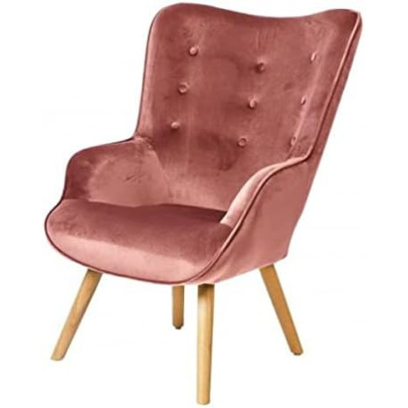 Fauteuil "Noor" en velours avec pieds en bois - Rose - L 72 x l 65 x H 99 cm