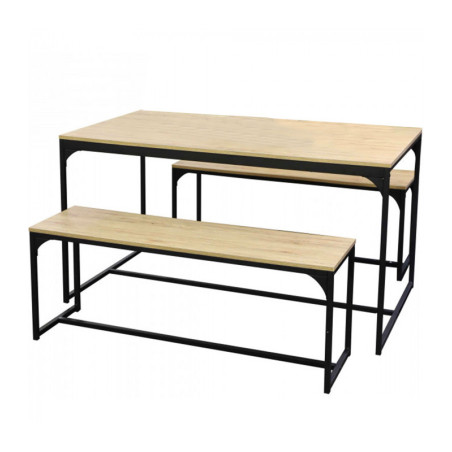 Table à manger avec 2 banc en bois et métal "Loft" - 4 couverts - Noir/beige - L 140 x P 80 x H 75 cm