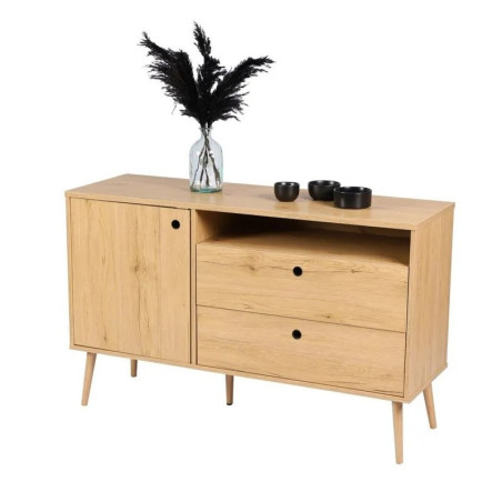 Meuble buffet en bois avec 2 tiroirs + 1 porte + 1 niche "Osaka" - Beige - L 120 x P 39 x H 75 cm