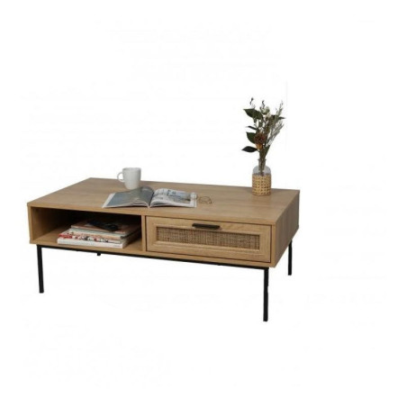 Table basse en bois et métal avec 1 tiroir + 1 niche "Romy" - Marron/noir - L 110 x P 59 x H 42 cm