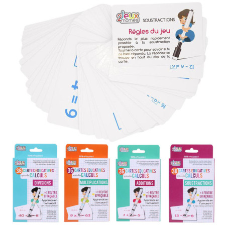 Lot de 4 paquets de 36 cartes éducatives effaçables et réutilisables soit 144 - Calculs mathématique