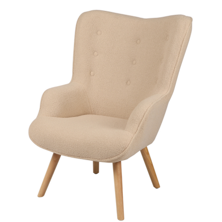 Fauteuil "Noor" en tissu effet peluche avec pieds en bois - Beige - L 72 x l 65 x H 99 cm