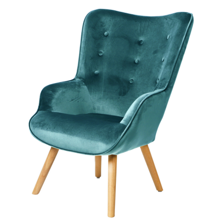 Fauteuil "Noor" en velours avec pieds en bois - Bleu - L 72 x l 65 x H 99 cm