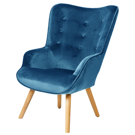 Fauteuil "Noor" en velours avec pieds en bois - Bleu nuit - L 72 x l 65 x H 99 cm