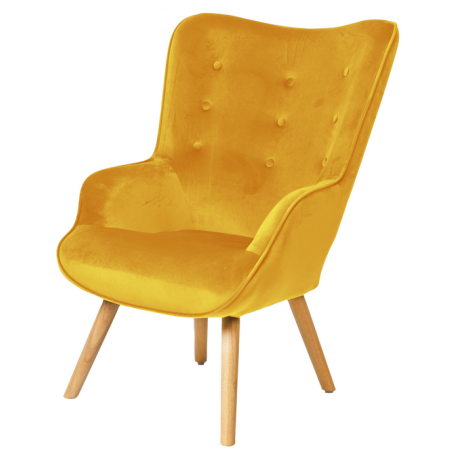 Fauteuil "Noor" en velours avec pieds en bois - Jaune moutarde - L 72 x l 65 x H 99 cm