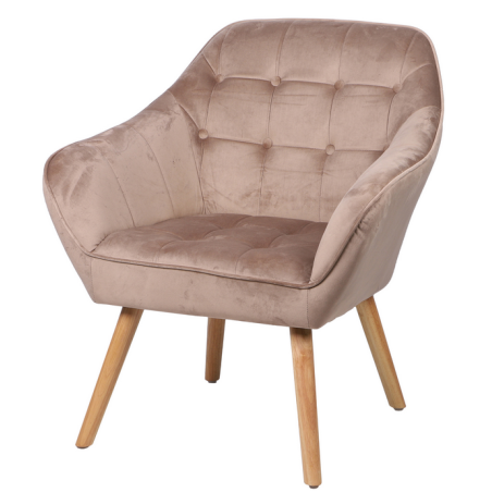 Fauteuil "Oly" en velours avec pieds en bois - Beige - L 74 x l 70 x H 85 cm