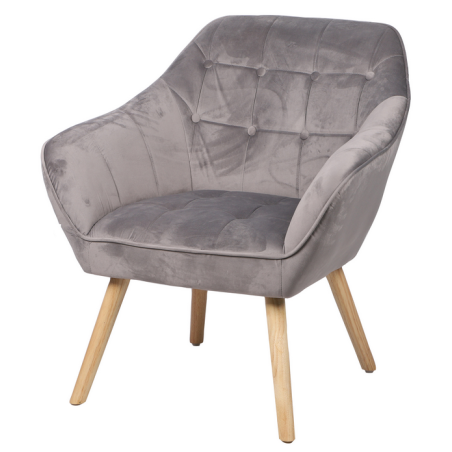 Fauteuil "Oly" en velours avec pieds en bois - Gris clair - L 74 x l 70 x H 85 cm