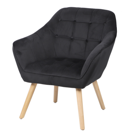 Fauteuil "Oly" en velours avec pieds en bois - Noir - L 74 x l 70 x H 85 cm