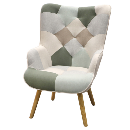 Fauteuil "Patchwork" avec pieds en bois - Vert/Beige - L 68 x l 75 x H 95 cm